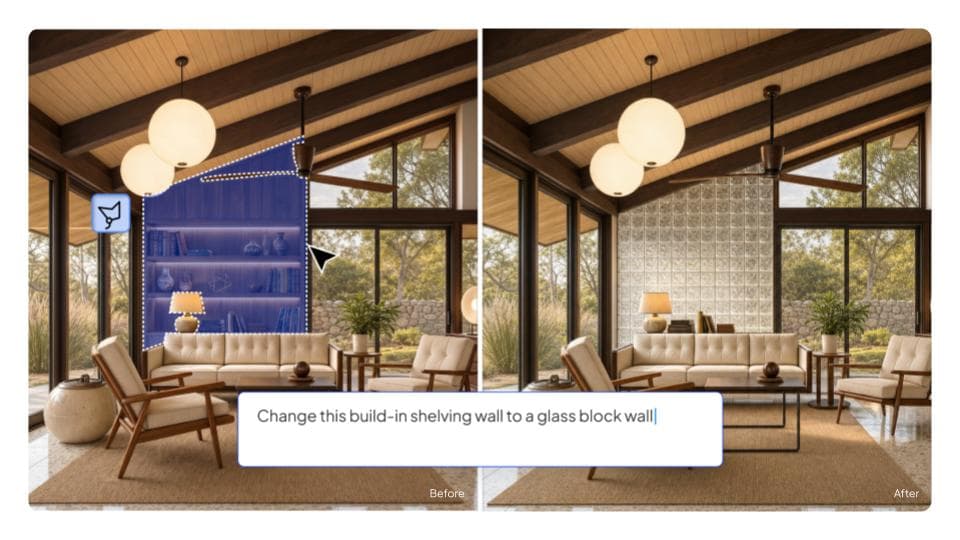 Masked in-painting -- targeted before/after edit of a single wall element via text prompt