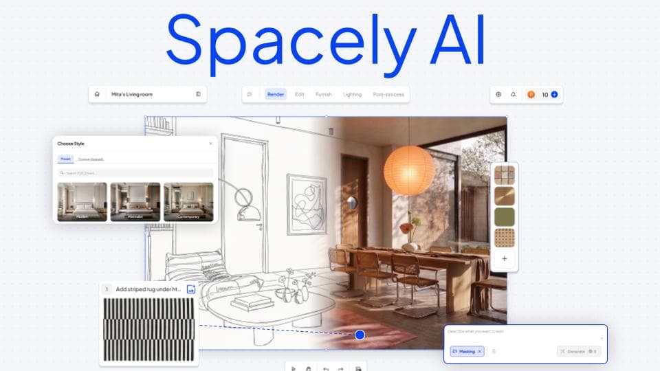 Spacely AI render workspace -- sketch-to-render preview with style selection and masked editing tools