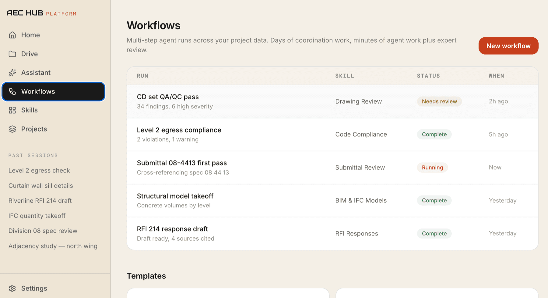 Platform workflows showing agent runs for drawing review, code compliance, and submittal review