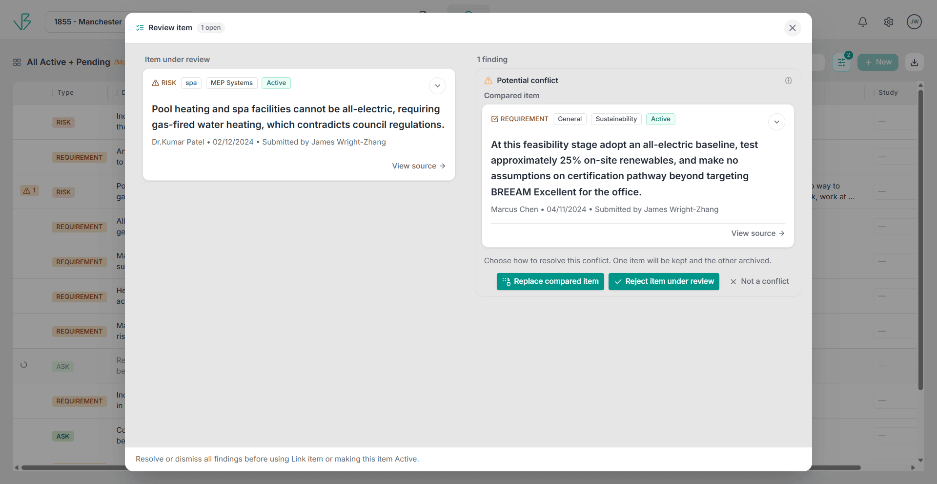 Conflict detection -- a potential conflict between two submitted items, with source attribution for each