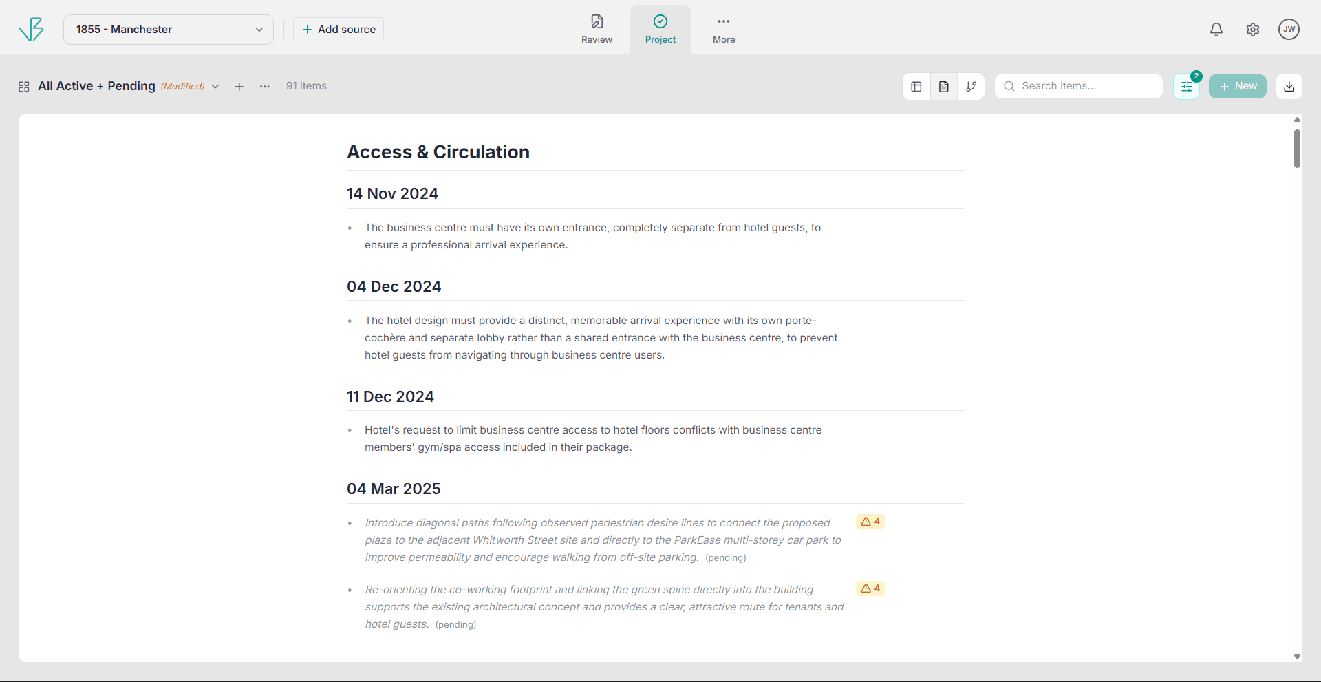 Project document view -- dated log entries grouped by category, each traceable to its source