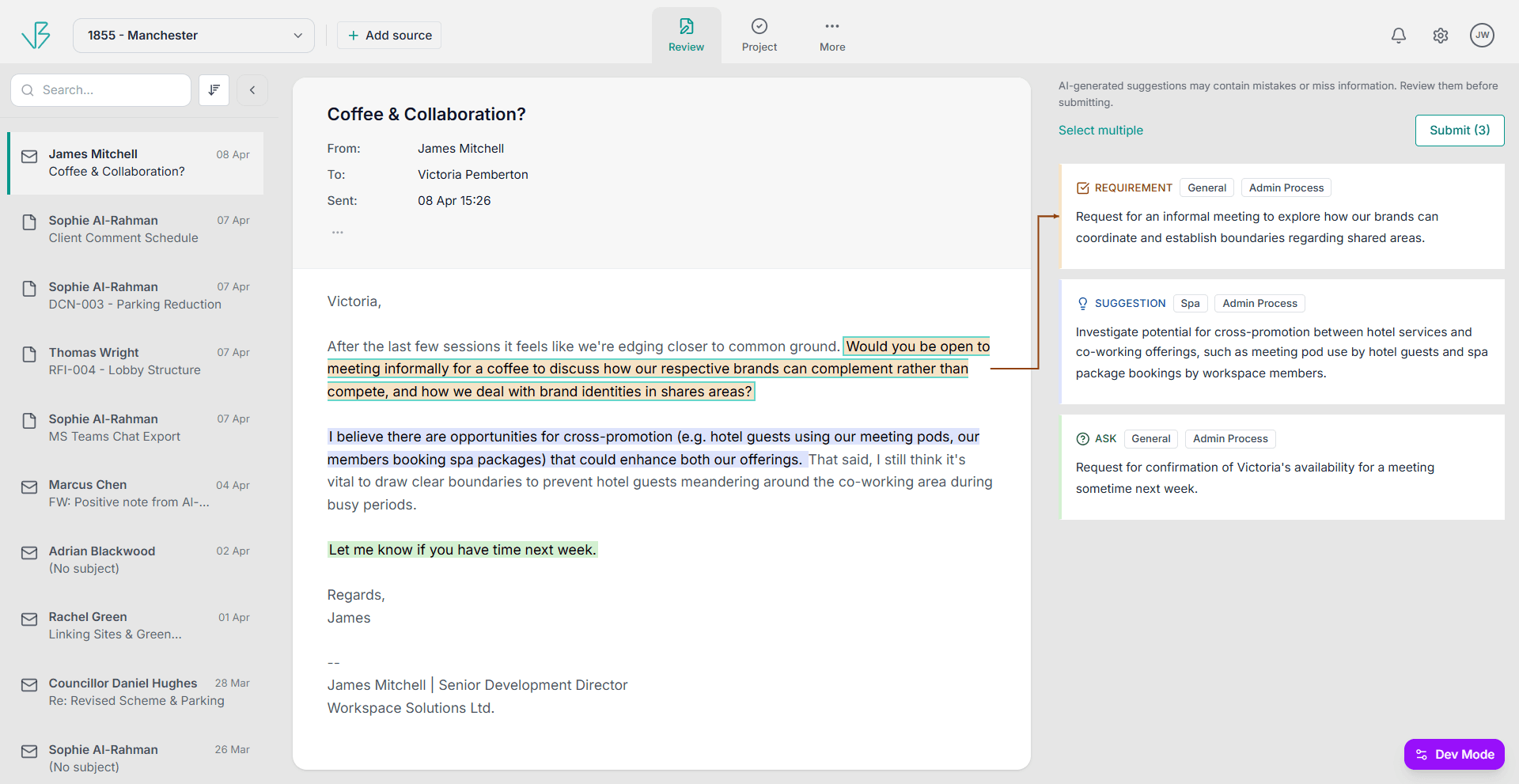 Review queue -- AI-suggested requirements and asks awaiting human confirmation before entering the record