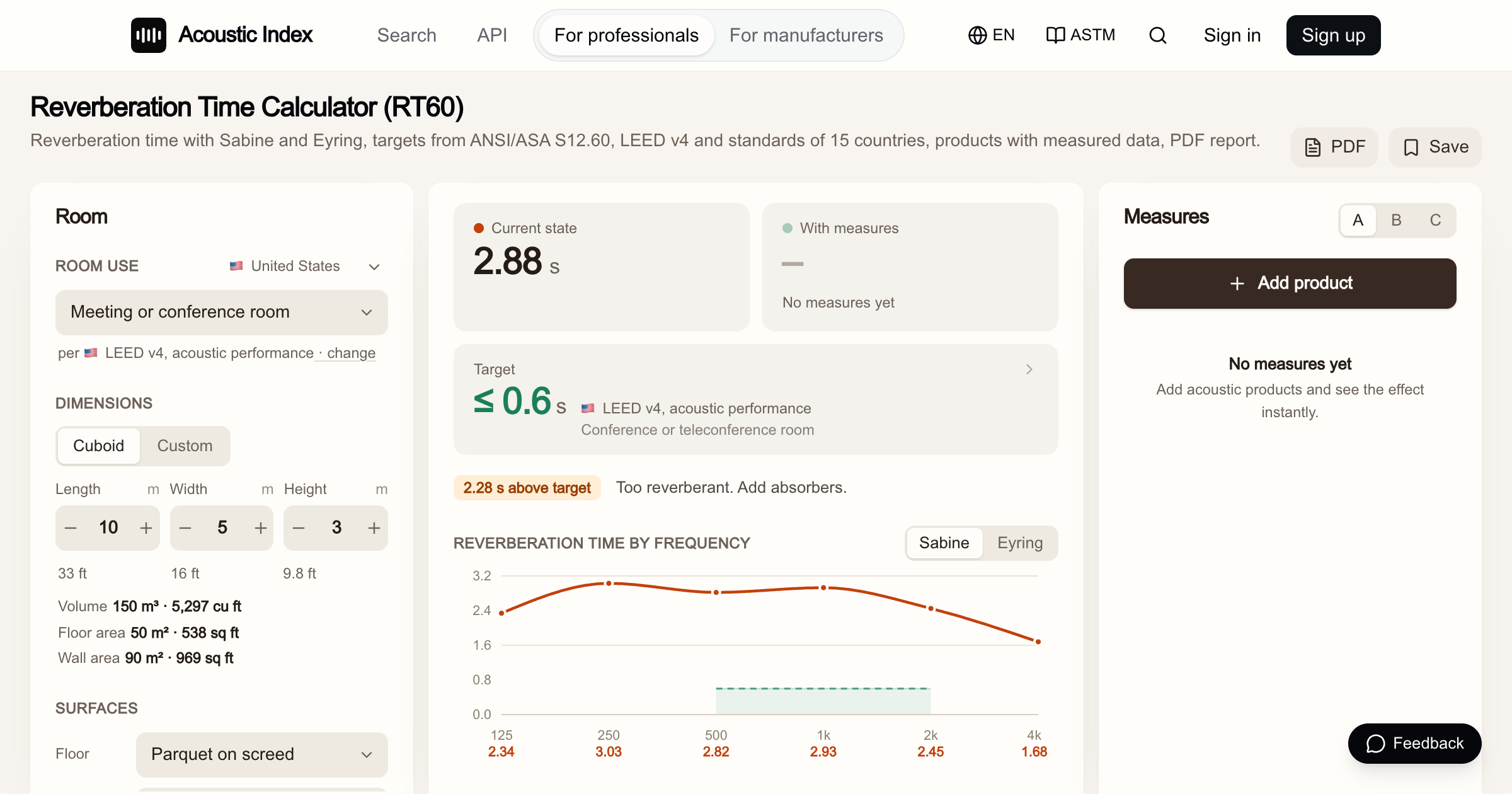 Acoustic Index Reverberation Calculator interface screenshot