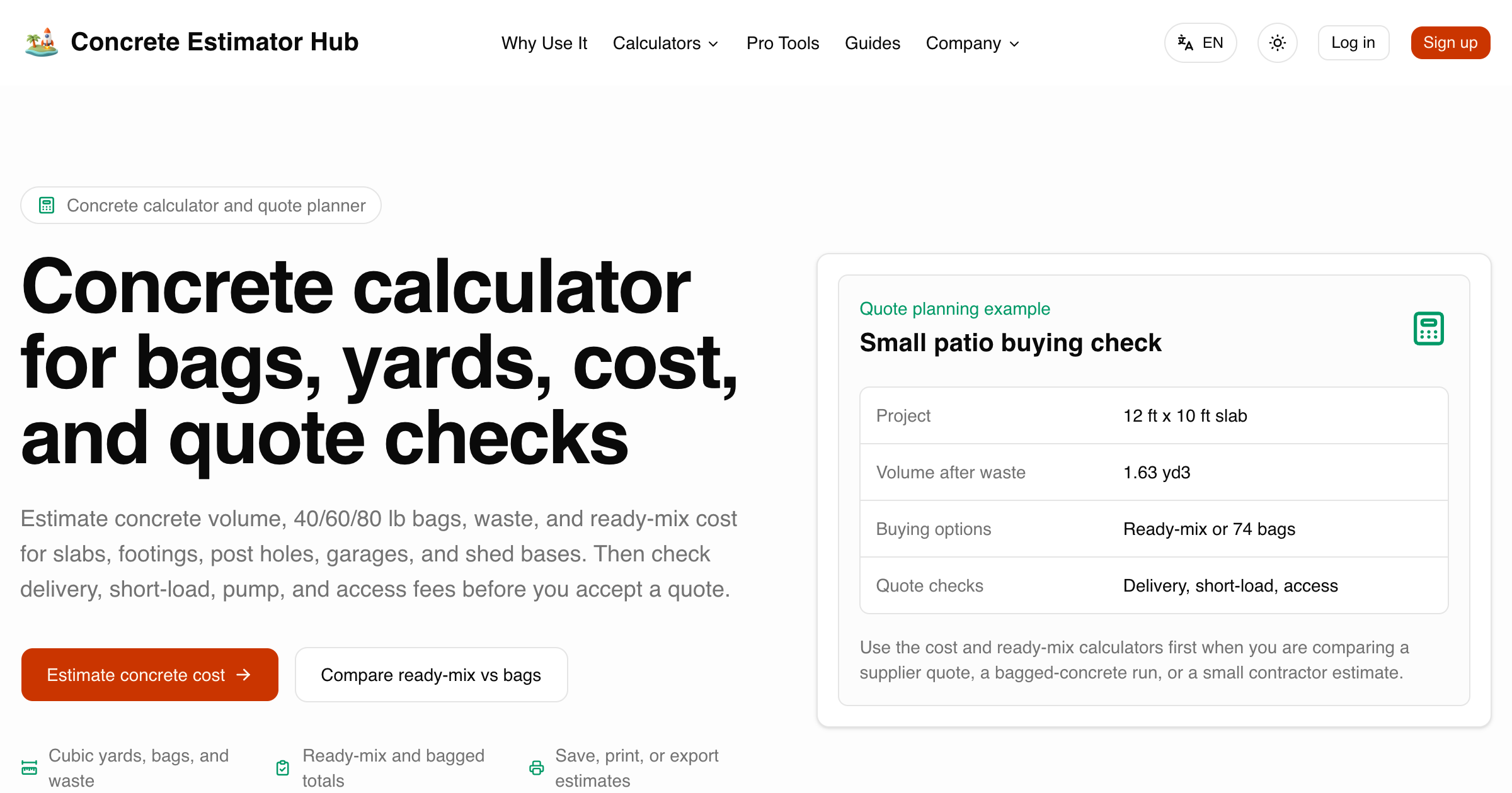 Concrete Calculator Hub interface screenshot