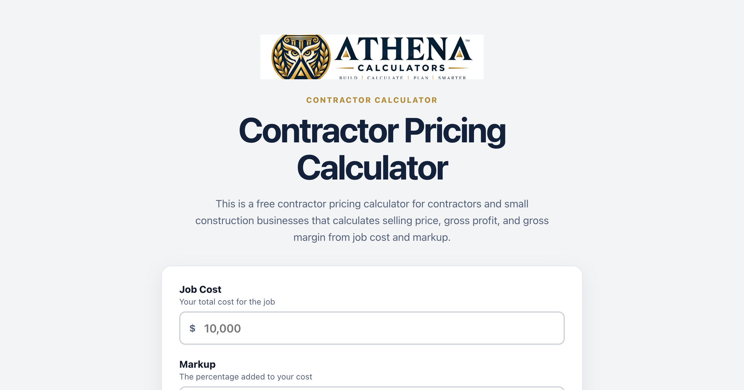 Contractor Pricing Calculator interface screenshot
