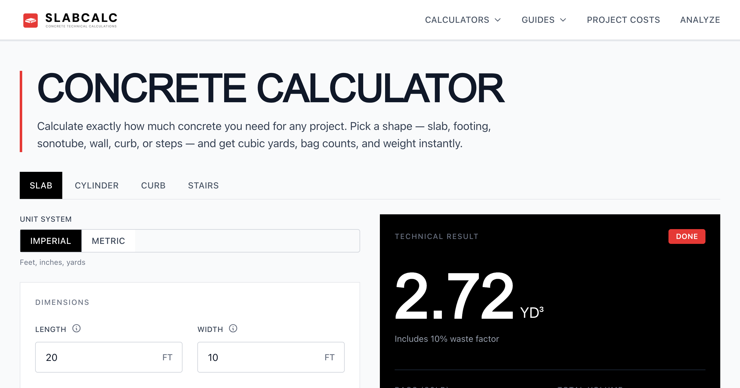 SlabCalc interface screenshot