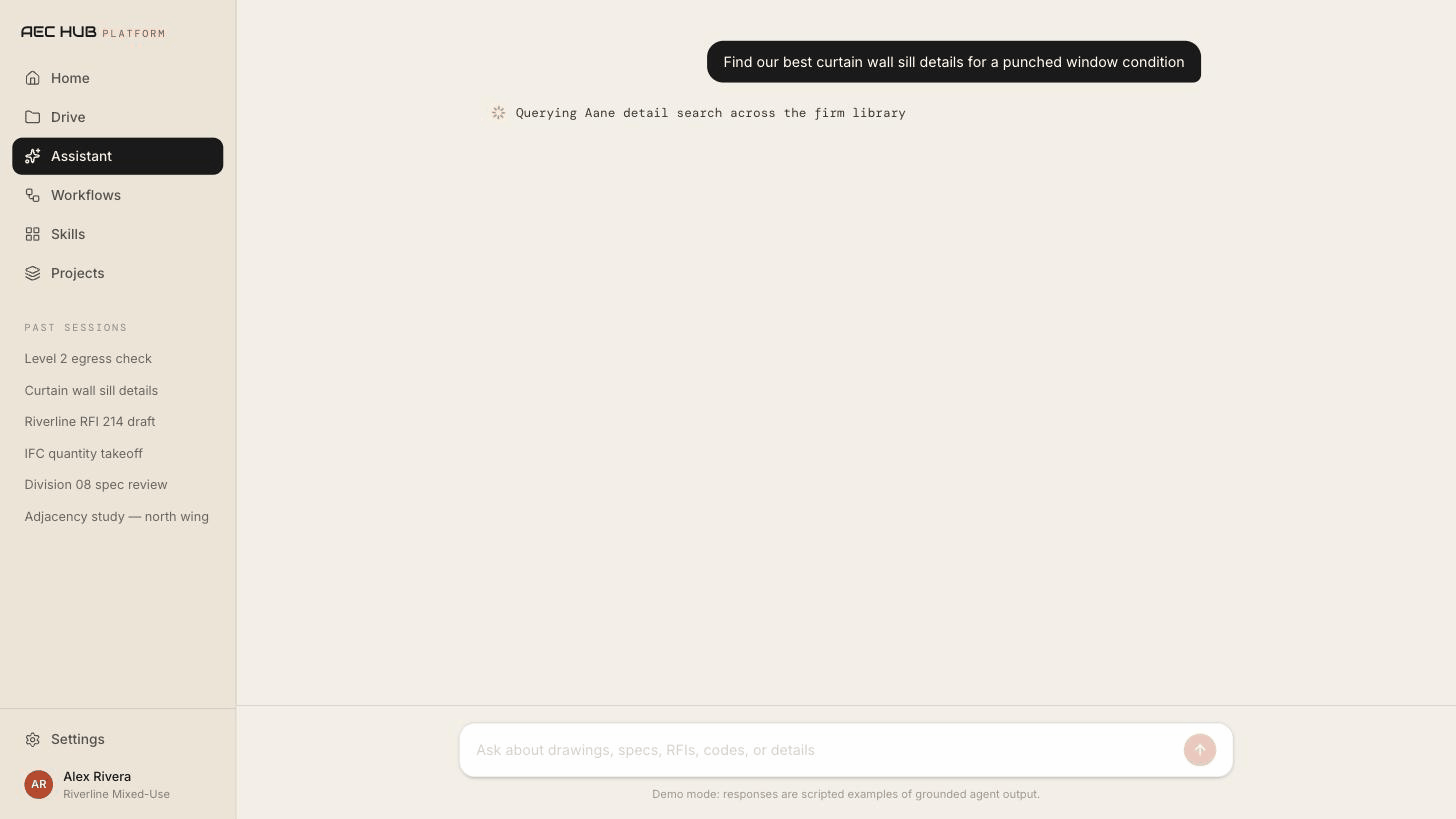 AEC Hub Platform assistant querying the firm detail library for curtain wall sill details