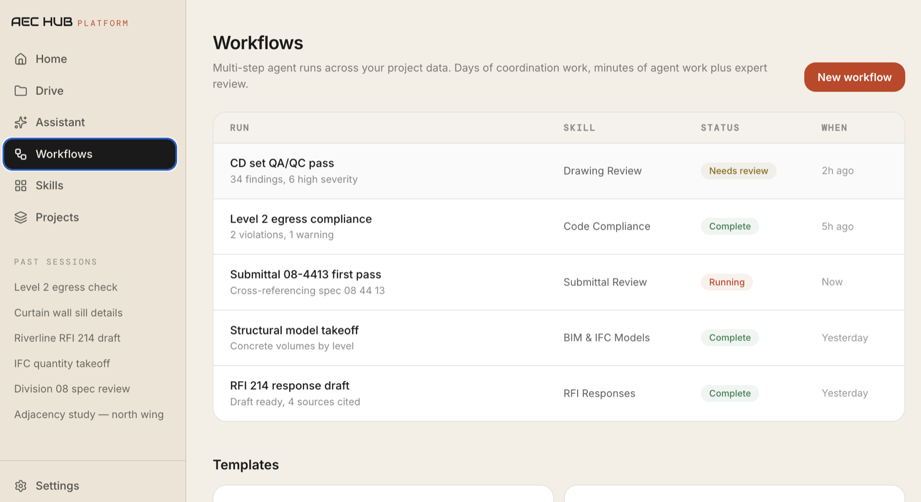 Platform workflows showing agent runs for drawing review, code compliance, and submittal review