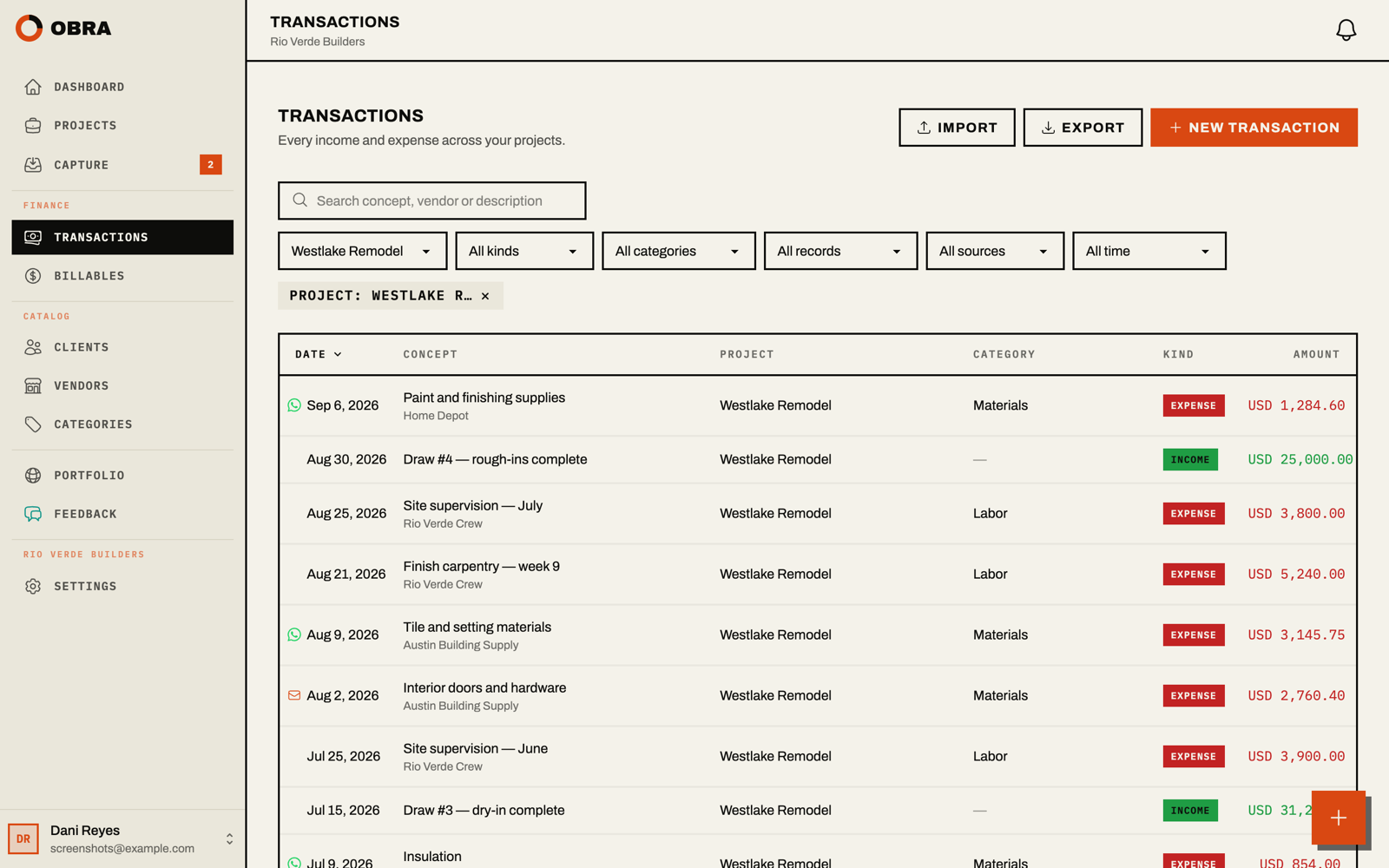 Transactions: every income and expense across projects, with the capture source shown on each row