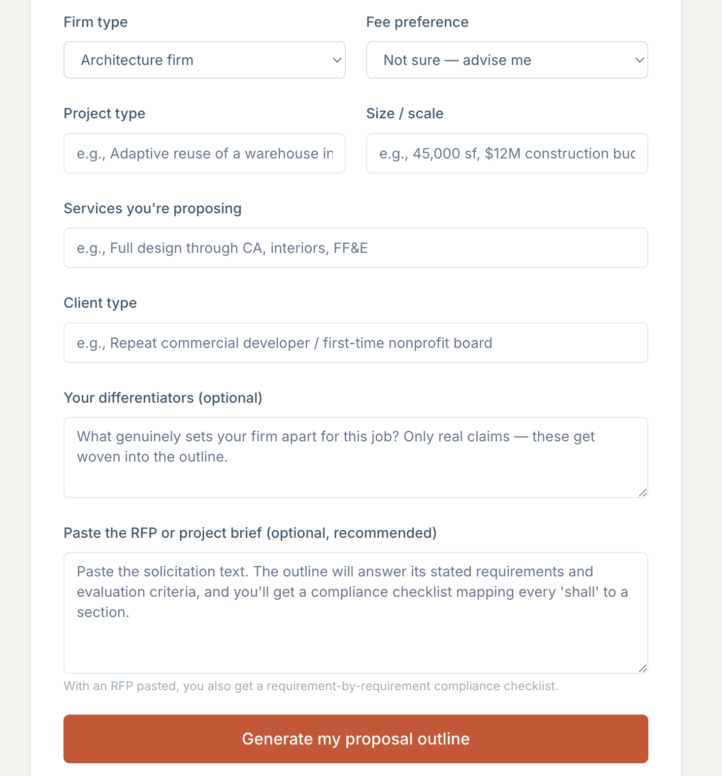 Proposal generator form with RFP paste field